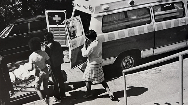 Freedom House Ambulance parked in front of Pittsburgh Schenley High School. 1971-1972 (source: John Moon)